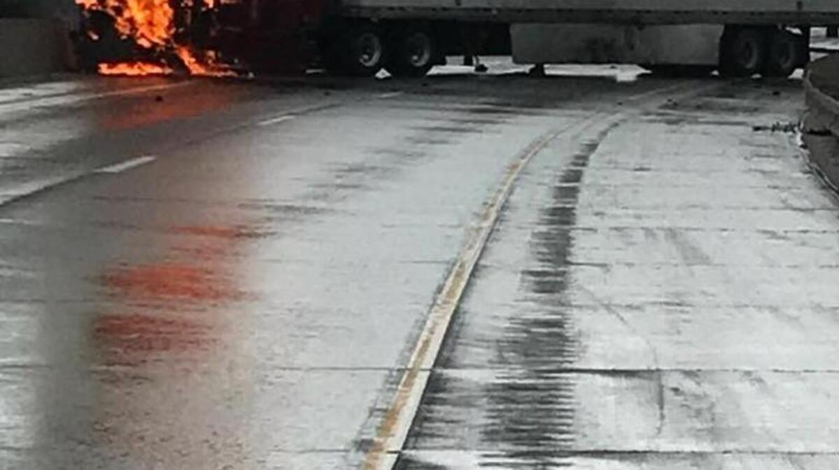 A big rig burns in the eastbound lanes of Interstate 80 in the afternoon of Sept. 3, 2017. CHP officials said the “non-injury collision” temporarily blocked both lanes of the highway. One lane was reopened around 4:45 p.m., but authorities said it would be slow going for some time.
