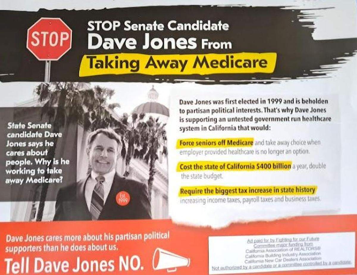 An ad funded by political action committee Fighting for our Future claims state Senate candidate Dave Jones wants to take away California seniors’ Medicare plans.