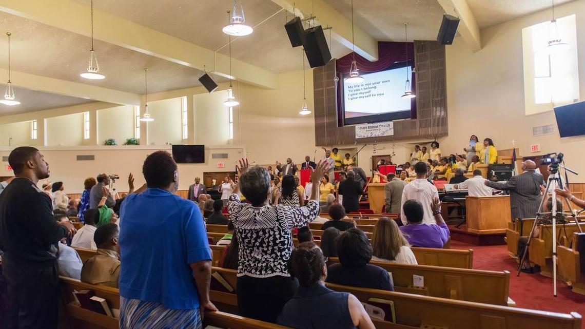 
Members of the Shiloh Baptist Church worship, Sunday August 23, 2015.
