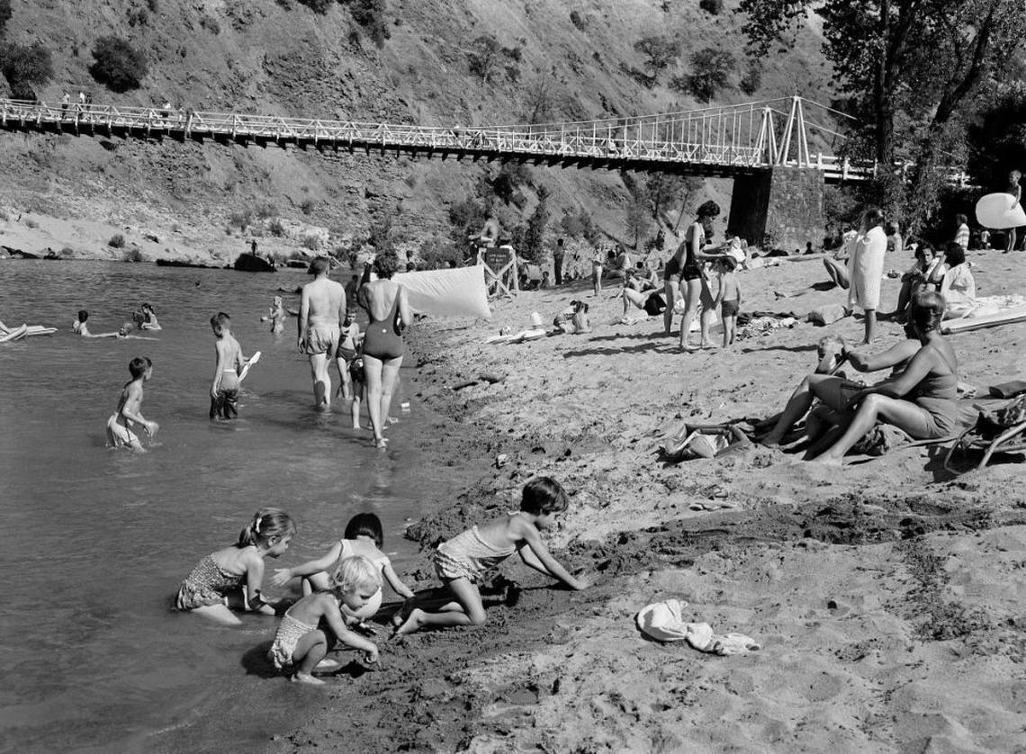 Curry-Bidwell Bar State Park, site of a historic bridge and tollhouse, was a popular summer swimming destination before the area was flooded for Lake Oroville.