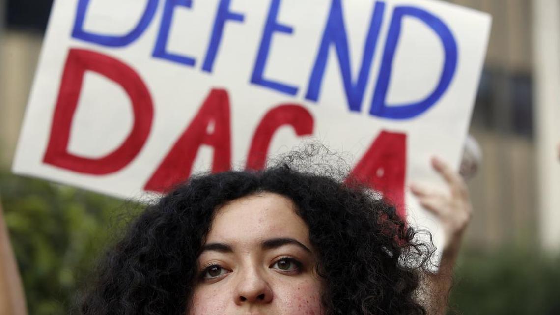 In this Sept. 1, 2017 file photo, Loyola Marymount University student and dreamer Maria Carolina Gomez joins a rally in support of the Deferred Action for Childhood Arrivals, or DACA program, outside the Edward Roybal Federal Building in Los Angeles.