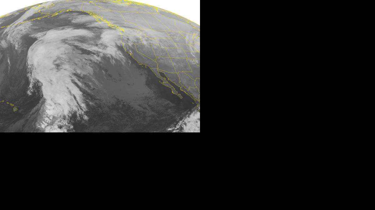 
This NOAA satellite image shows a vast area of clear skies over California and much of the West, even though a large storm rolls up from the Pacific Ocean and stretches into the Pacific Northwest. 
