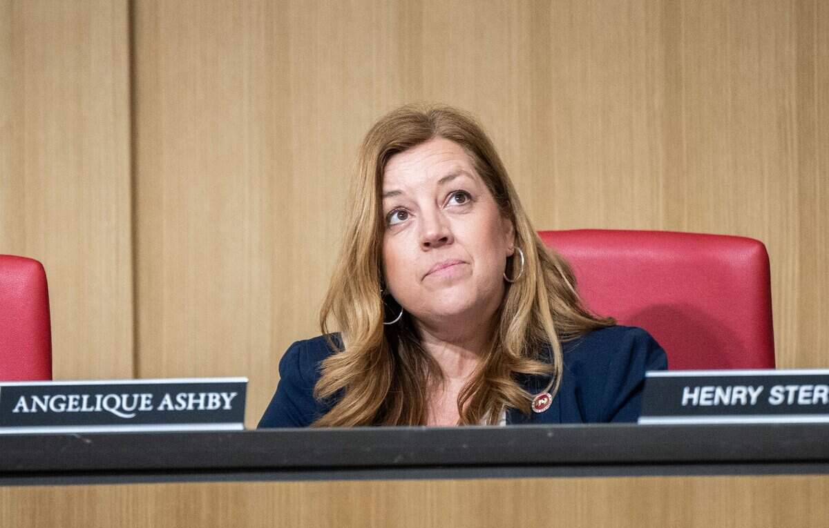 State Sen. Angelique Ashby, D-Sacramento, attends the Senate Energy, Utilities and Communications Committee hearing on Gov. Gavin Newsom’s plan to penalize oil companies for alleged gas price gouging in February. An oil political action committee spent millions on an independent expenditure ad campaign backing Ashby ahead of the 2022 election, even though she denounced the support.