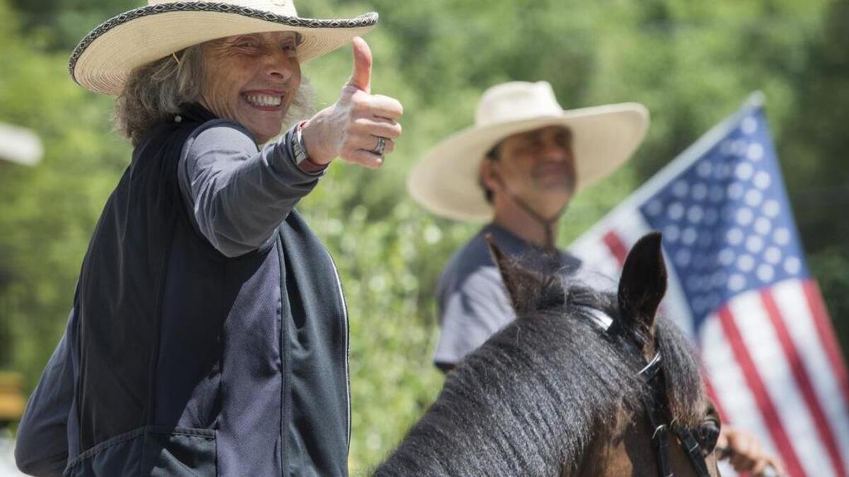 Valerie Ashker, 60, gives a thumbs-up to a passer-by as she begins a 3,000-mile cross-country journey on Monday, May 9, 2016, from Georgetown to Virginia riding her off-the-track throroughbred named Primitivo to raise awareness about ex-racehorses and the second careers they can have beyond racing.