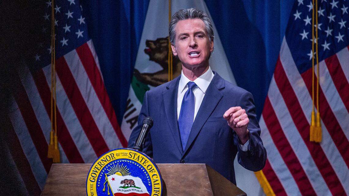 California Gov. Gavin Newsom discusses the state budget in January.