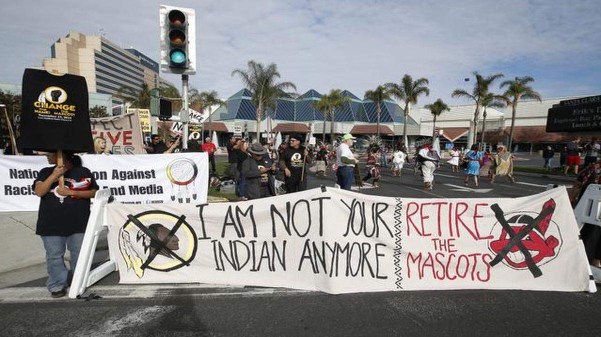 
A group protests the Washington Redskins name across from Levi's Stadium before an NFL football game between the Redskins and the San Francisco 49ers in Santa Clara, Calif., Sunday, Nov. 23, 2014.
