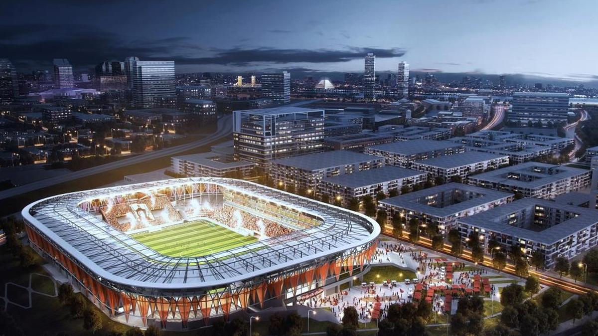 An aerial view shows the design concept for a new $180 million Major League Soccer stadium planned for the downtown Sacramento railyard.