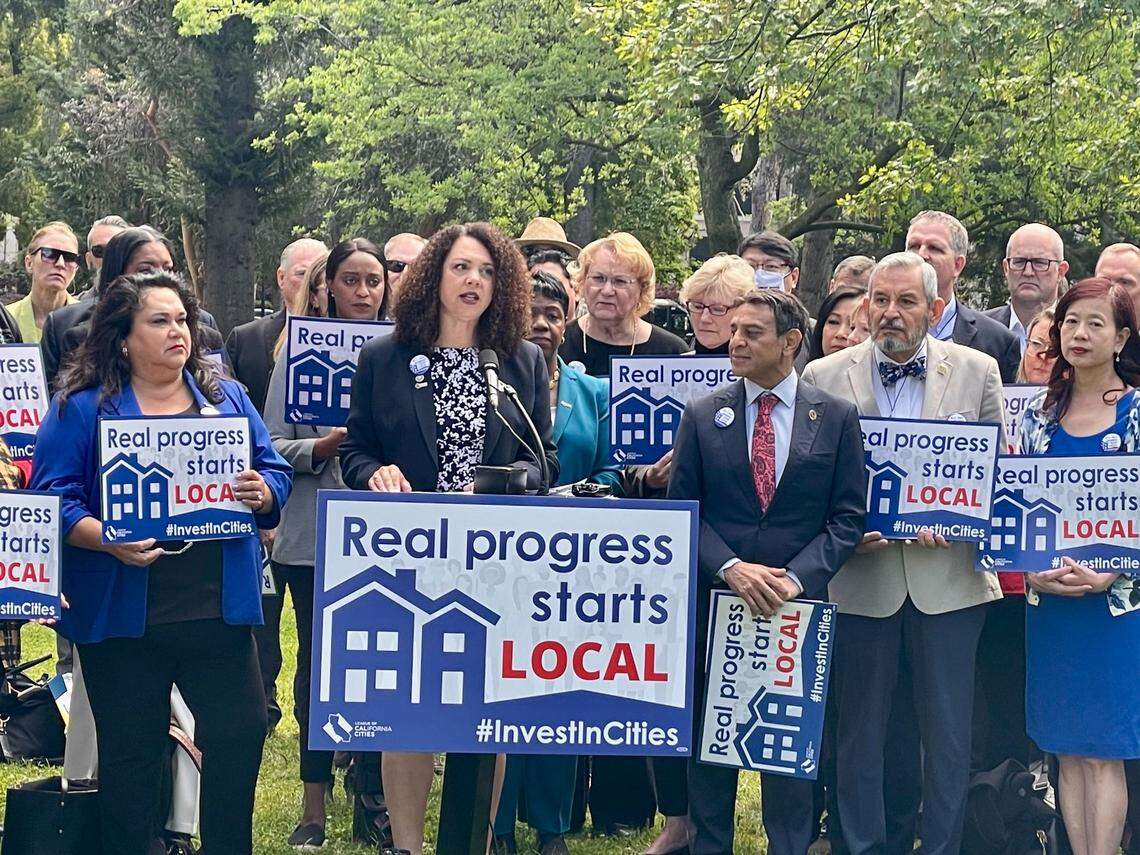 San Luis Obispo Mayor Erica Stewart urges state lawmakers and Gov. Gavin Newsom to allocate $3 billion in ongoing funding to address homelessness on April 12, 2023, ahead of a convening of California city and county leaders in Sacramento.