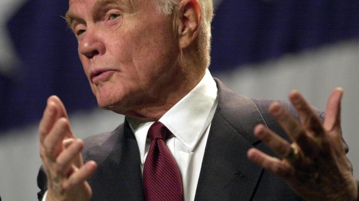 John Glenn talked about his experience in space during Perspectives 2000 at the Sacramento Convention Center on September 22, 2000, in Sacramento, California.