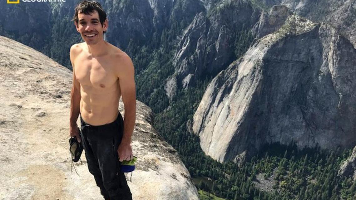This Saturday, June 3, 2017, photo provided by National Geographic shows Alex Honnold atop El Capitan in Yosemite National Park after he became the first person to climb to the top of the massive granite wall without ropes or safety gear. National Geographic recorded Honnold’s historic ascent, saying the 31-year-old completed the free solo climb Saturday in nearly four hours. The event was documented for an upcoming National Geographic feature film and magazine story.