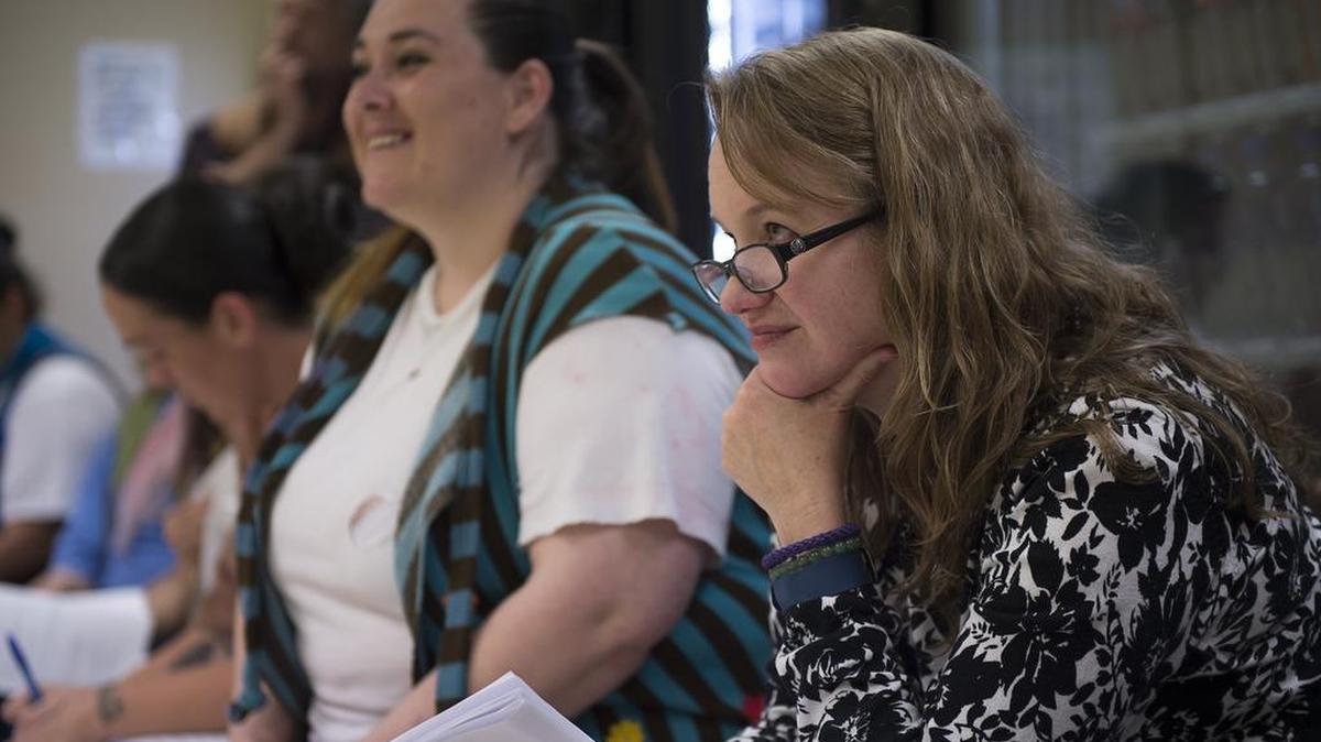 Director Lynn Baker-Nauman, right, watches the rehearsal with inmates Lisa Coulters, 33, during a Prison Shakespeare Program at the Folsom Women’s Facility on May 16 in Folsom. The inmates are performing William Shakespeare’s “The Taming of the Shrew.”