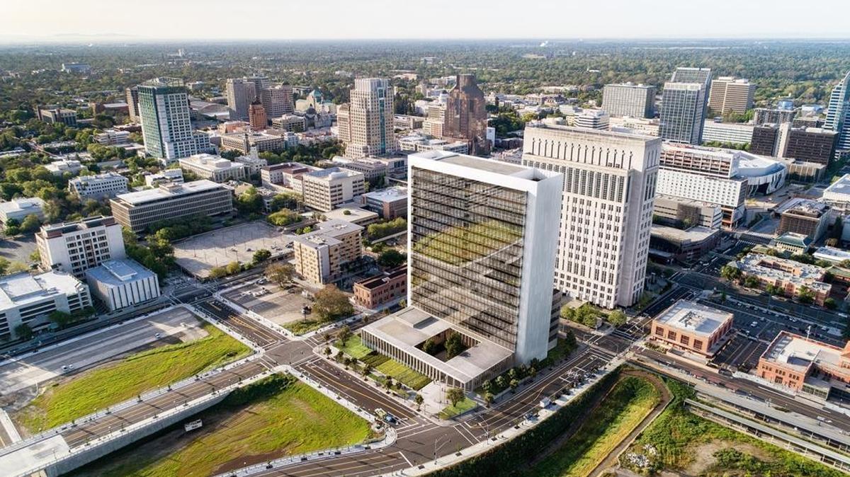 A conceptual drawing for the new Sacramento courthouse on the edge of the railyard infill development. The $490 million project is not funded.