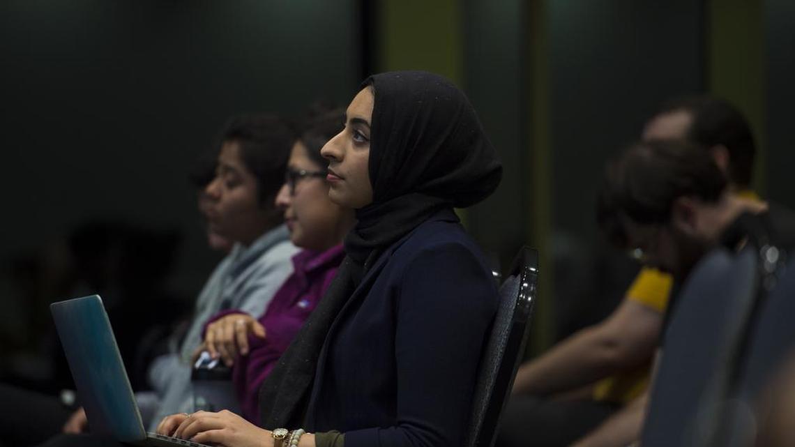 Nida Ahmed, internal vice president of the UC Davis Muslim Students Association, attends an on-campus event called Know Your Rights, aimed at helping Muslim and immigrant students learn their legal rights, on Feb. 15.