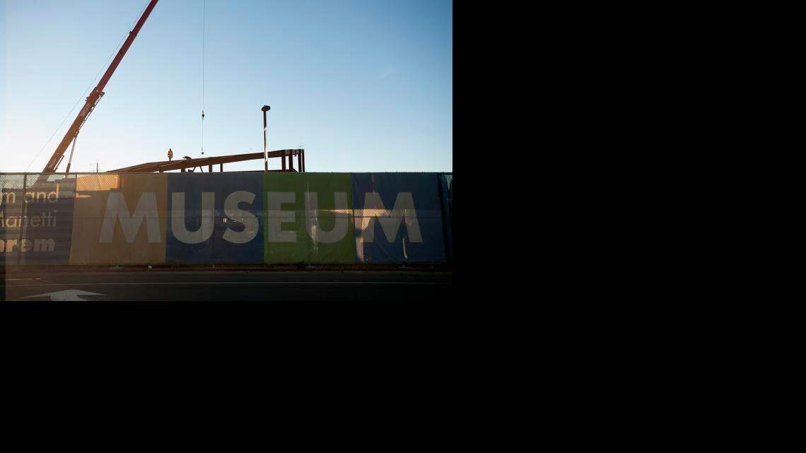 
Steel workers work with a crane operator to assemble the steel I-beams at the Shrem Musuem of Art at UC Davis in January. The prefabricated beams are lowered and bolted into place.
