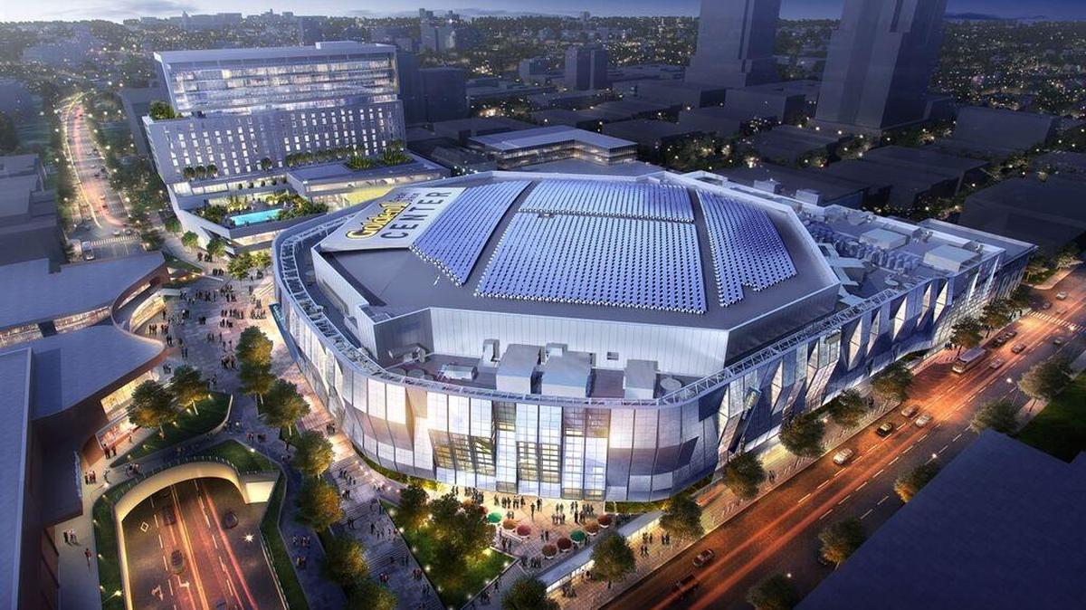 
Rendering of Sacramento’s downtown arena, Golden 1 Center, with photovoltaic solar panels on roof. 

