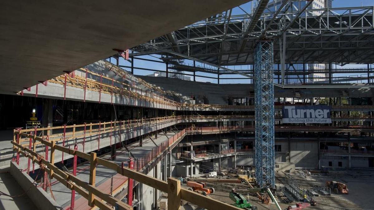 
An east-looking perspective provides another view of the Golden 1 Center as it takes shape in downtown Sacramento, where it will be the centerpiece of extensive development and commercial revitalization.
