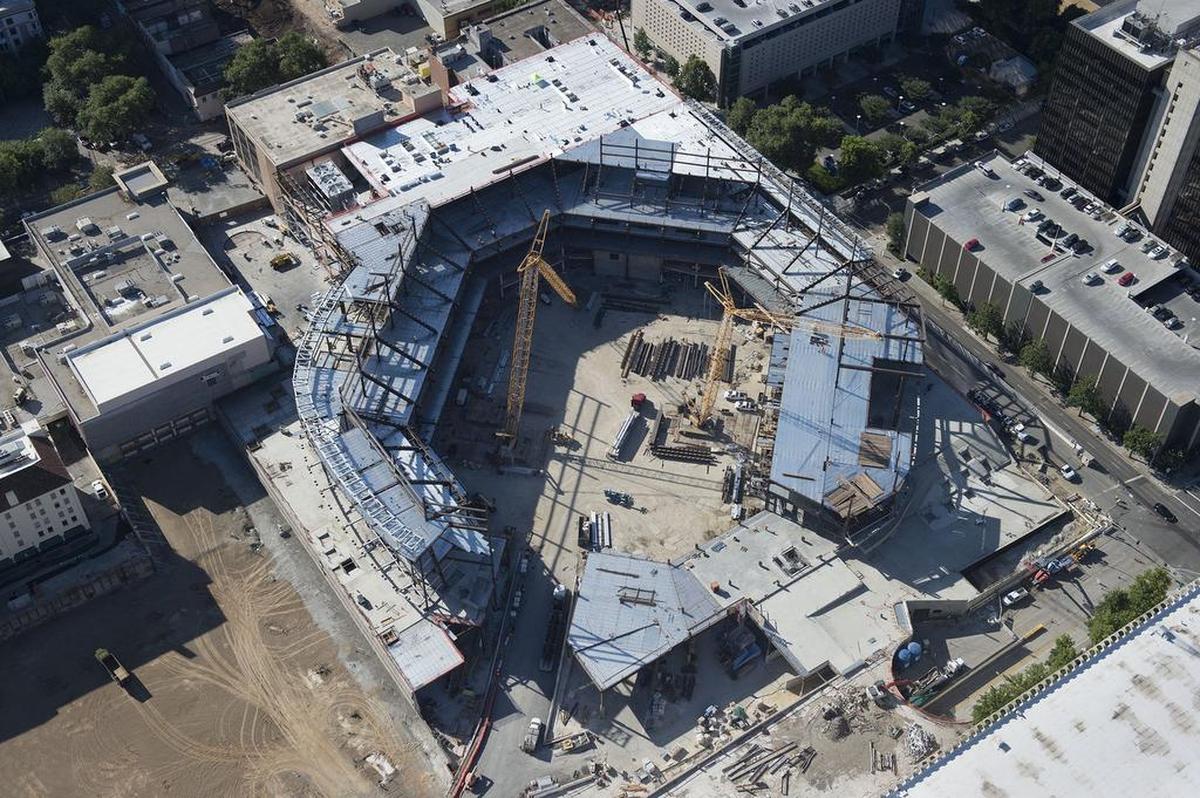 Golden 1 Center rises in downtown Sacramento in 2015, the year the city issued $273 million in bonds to finance its construction.