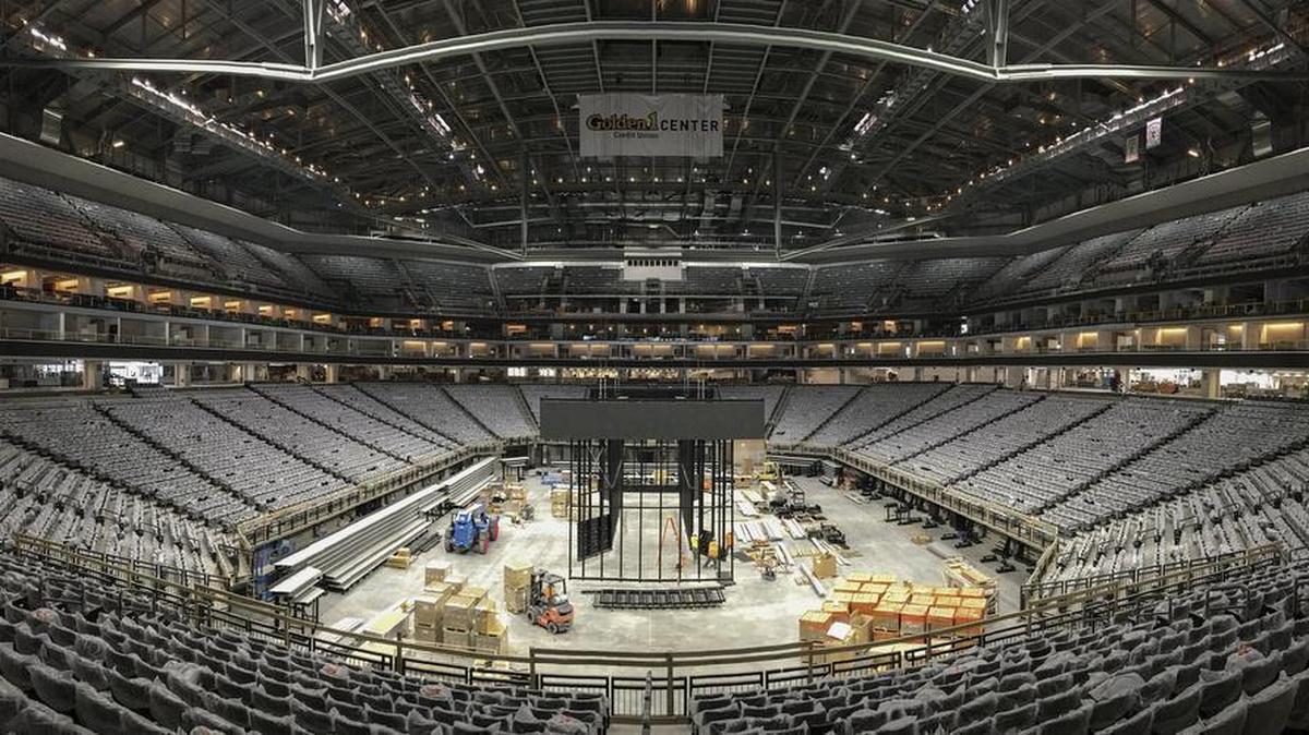 The new downtown arena under construction. The construction industry, including hundreds of workers building the arena, helped boost the region's economy.