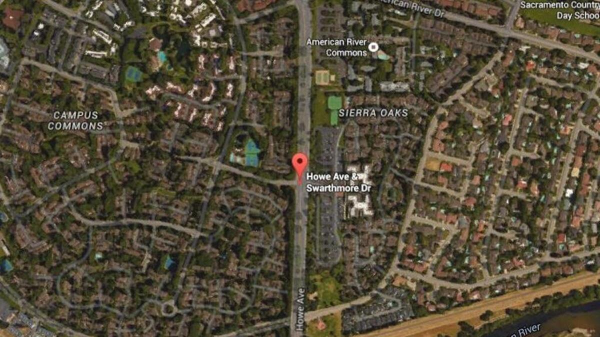 
Google Earth image of where a man in his 20s was crossing Howe Avenue at Swarthmore Drive about 7 a.m. when he was hit by a southbound vehicle.
