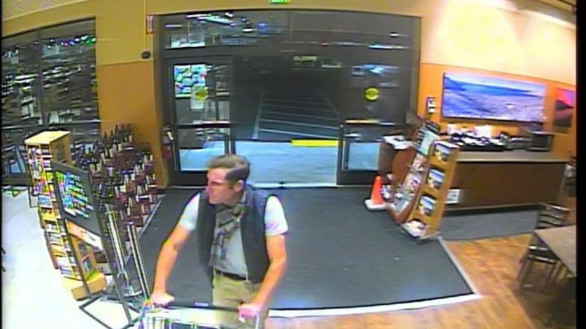 A surveillance photo shows a man suspected of stealing $15,000 worth of wine from a Raley’s supermarket in Incline Village, Nev., on Oct. 23, 2017.
