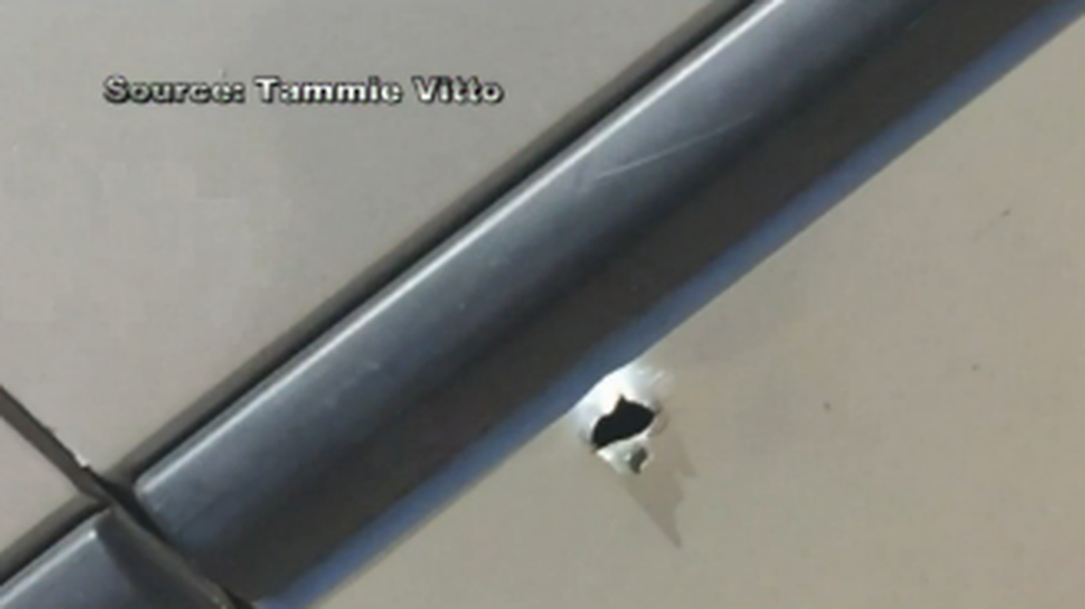 Image from video taken by Tammie Vitto via CBS Sacramento shows a bullet hole in the teen’s car.