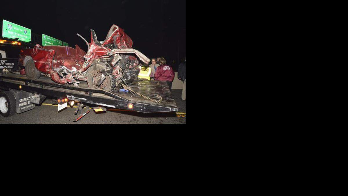 
A 1994 buick Regal is loaded into a tow truck after an accident that killed three people, at least two of them teenagers, early Saturday morning when a Roseville man driving the wrong way on Interstate 80 crashed head on into their car.
The California Highway Patrol said drugs and alcohol were likely a factor in the 2:10 a.m. crash, though it remains under investigation and authorities are awaiting test results.
In a press release, the CHP said Aaron Jordon Caudillo, 24, was driving a 2006 Chrysler 300 westbound near Madison Avenue, going the wrong way in the eastbound lane. He crashed into a 1994 Buick Regal driven by a 19-year-old male from Roseville. The driver of the Regal was killed, along with his two passengers, an 18-year-old female from Granite Bay and a male whose age was not dis
