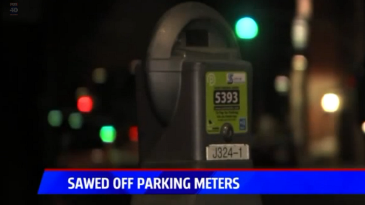 Eighty-six parking meters were hacked off and stolen in Stockton.