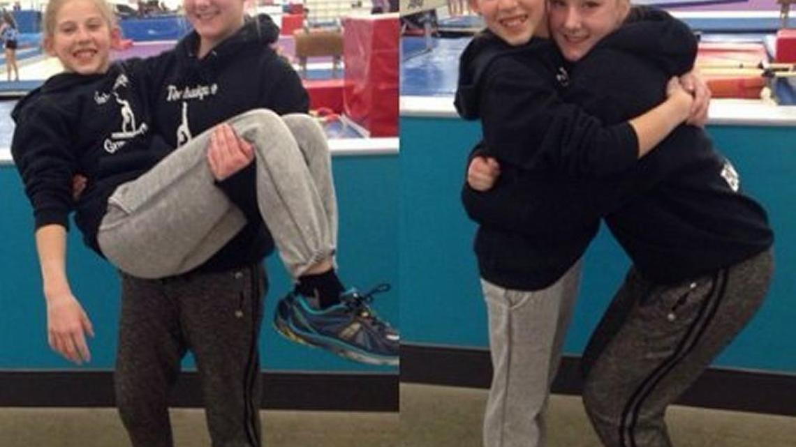 Ashley Wood, left in both photos, was found dead July 19 in her Rocklin home. She is shown with teammate Amanda Bowers at Technique Gymnastics in Rancho Cordova, where they trained in gymnastics.
