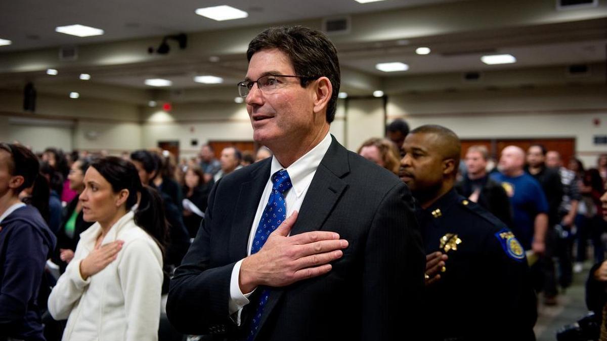 Former Sacramento Police Chief Rick Braziel says the Pledge of Allegiance before a Sac City school meeting. January 17, 2013.