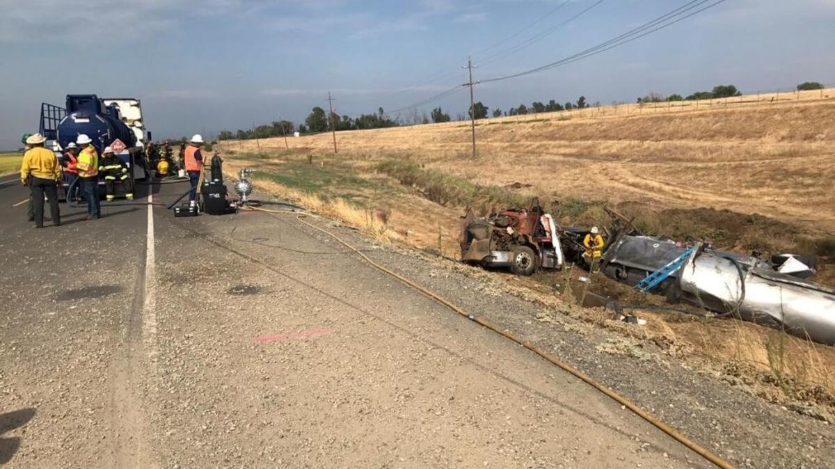 A tanker carrying 7,000 gallons of gasoline overturned in an irrigation ditch on Highway 20 in Yuba County on Thursday, Seot. 7, 2017, causing the site to be declared a hazardous material scene and prompting closure of that portion of the highway for cleanup activities.