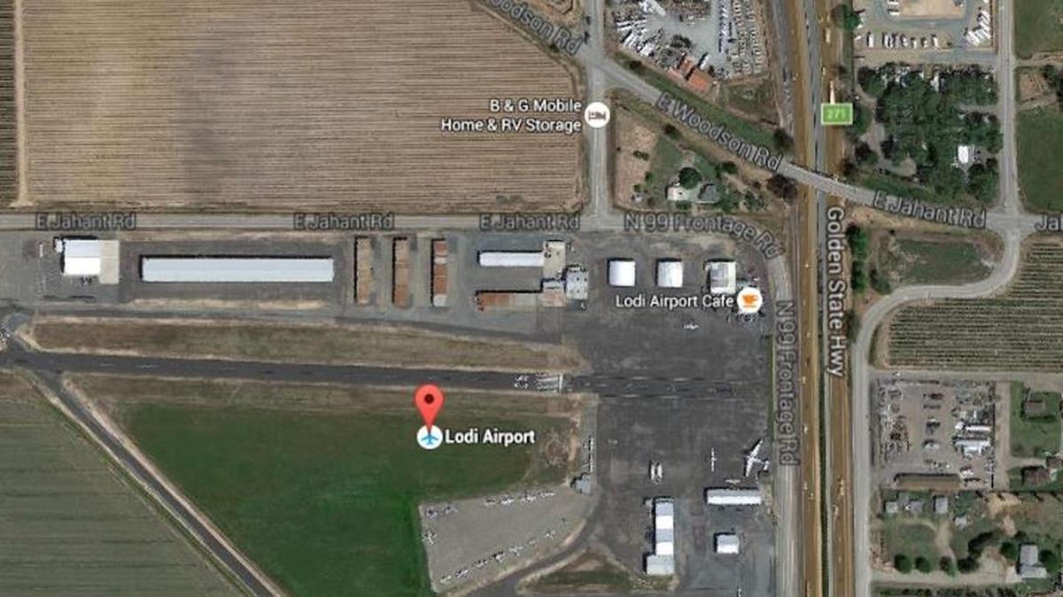 Google Earth image shows the Lodi Airport and its proximity to Highway 99.