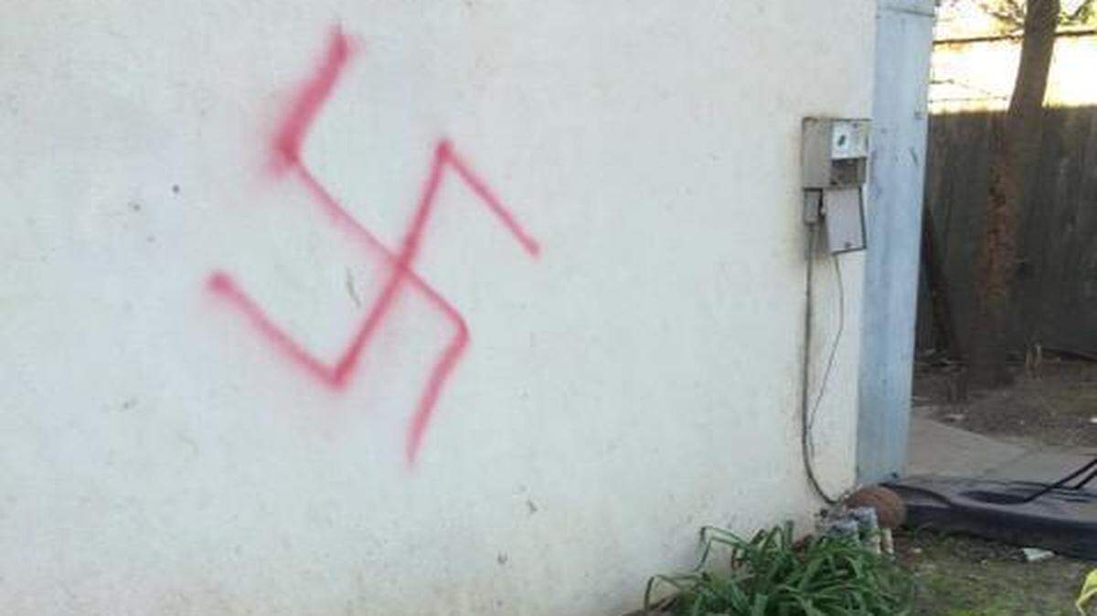 
A swastika is painted on a UC Davis-affiliated Jewish fraternity house.
