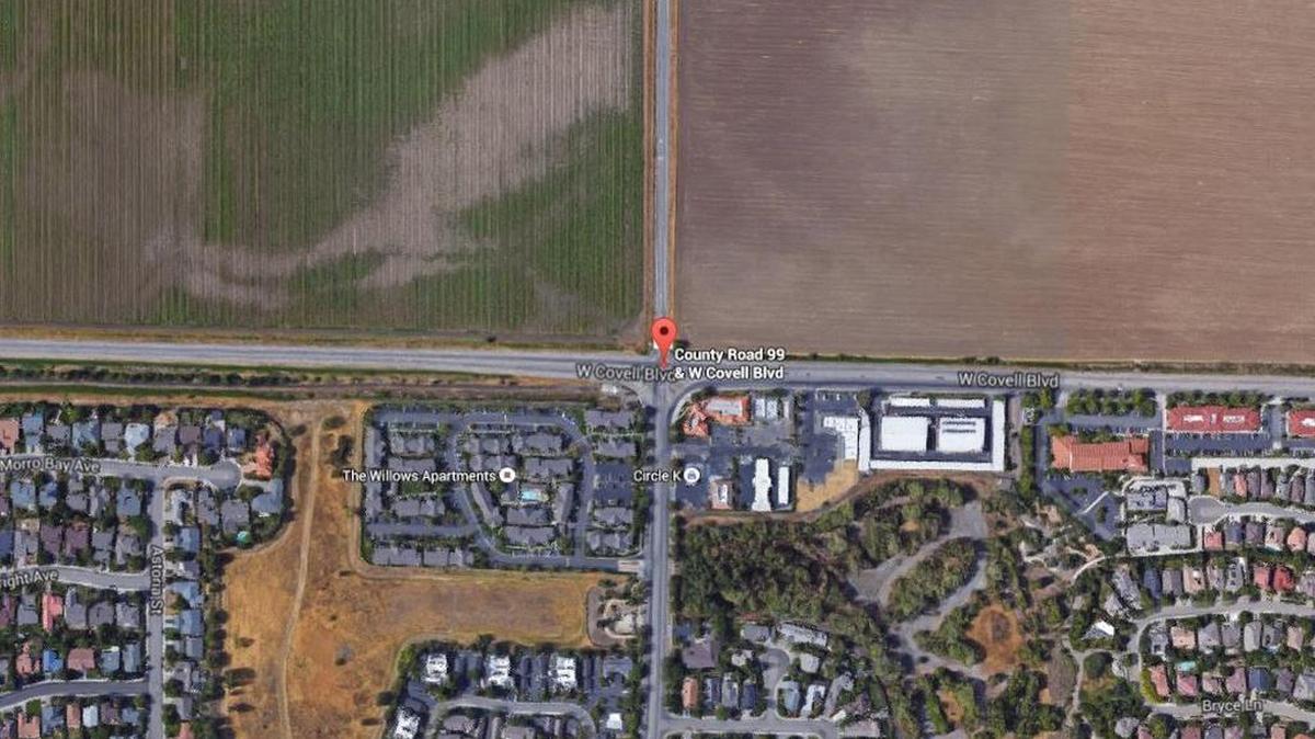 Google Earth image shows where the crash was reported at 6:45 a.m. Friday near County Road 99 and West Covell Boulevard occurred.