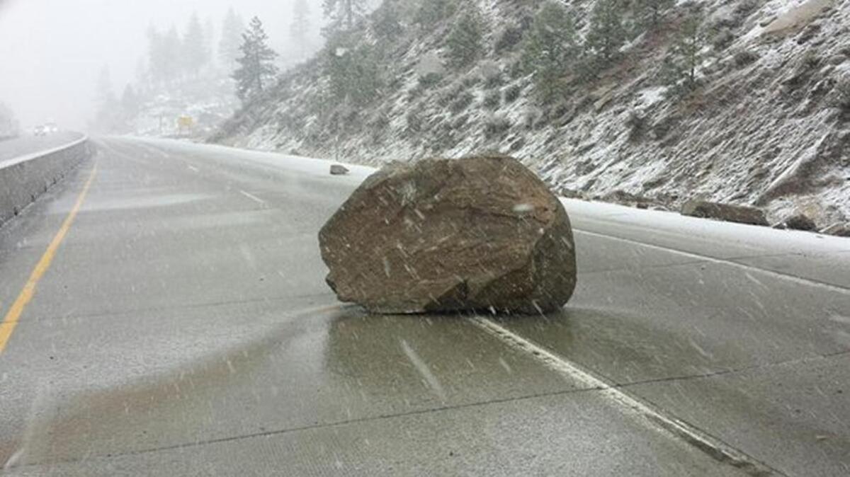 A boulder estimated to weigh 800 pounds impeded travel on westbound Interstate 80 ofter falling to the pavement early Sunday afternoon.