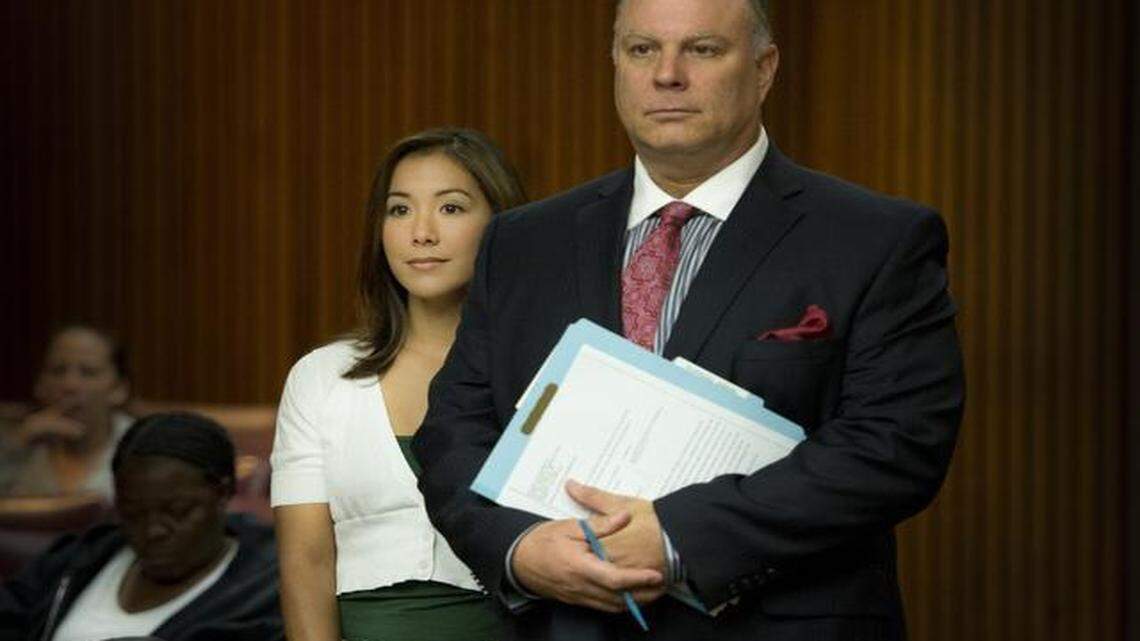 
Former Fox 40 anchor Sabrina Rodriguez is shown making her first appearance in court with attorney Mark Reichel to face shoplifting charges on Aug. 28, 2014. 
