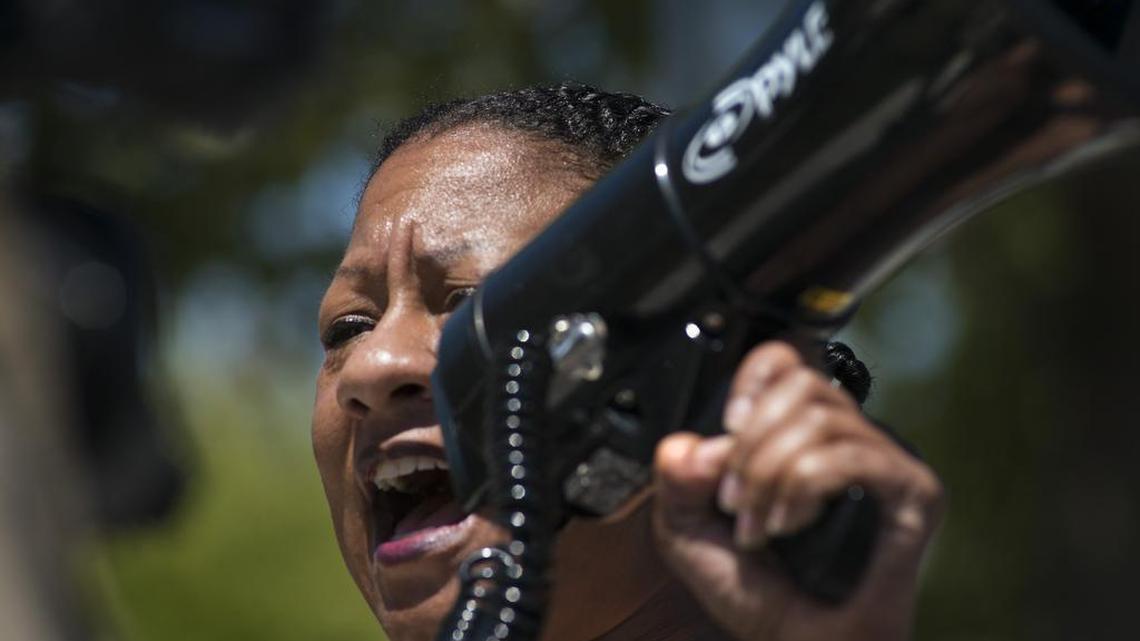 Sacramento Black Lives Matter leader Tanya Faison leads a protest in July 2016.