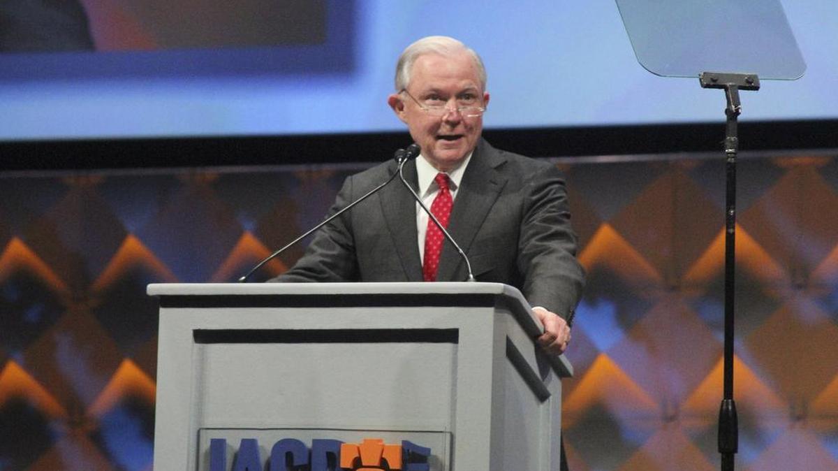U.S. Attorney General Jeff Sessions speaks at the International Association of Chiefs of Police conference Monday, Oct. 23, 2017, in Philadelphia. Sessions on Monday designated the gang MS-13 as a “priority” for a federal task force that traditionally pursued cartels and drug kingpins.