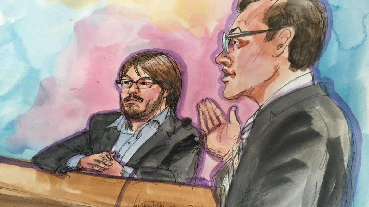 Assistant U. S. Attorney Matthew Segal, right, speaks at the senetencing for Matthew Keys on Thursday in Sacramento.