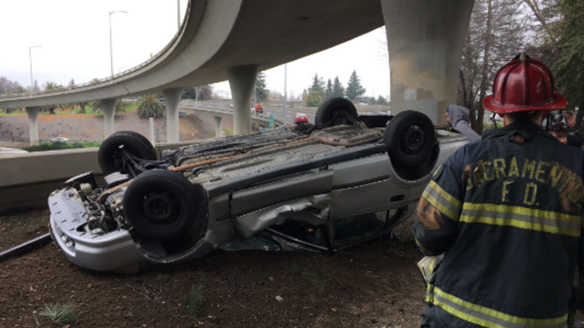 No injuries were reported when a car went off a connector ramp at eastbound Highway 50 and eastbound Capital City Freeway in Sacramento, the Sacramento Fire Department reported.