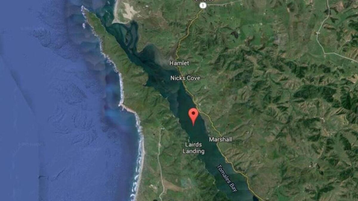 Google Earth image shows the location of Tomales Bay in Marin County.