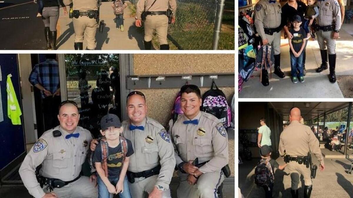 In bottom left photo, California Highway Patrol officers Nett, Dixon and Baltazar make sure Cameron Chellew arrives safely during the first day of school. The top right photo shows officers with Cameron and the boy’s mother, Christina Chellew, and younger sister Hadley.