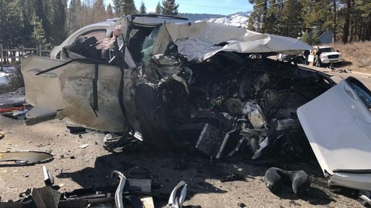 Six people were injured Saturday in a two-car collision in South Lake Tahoe.