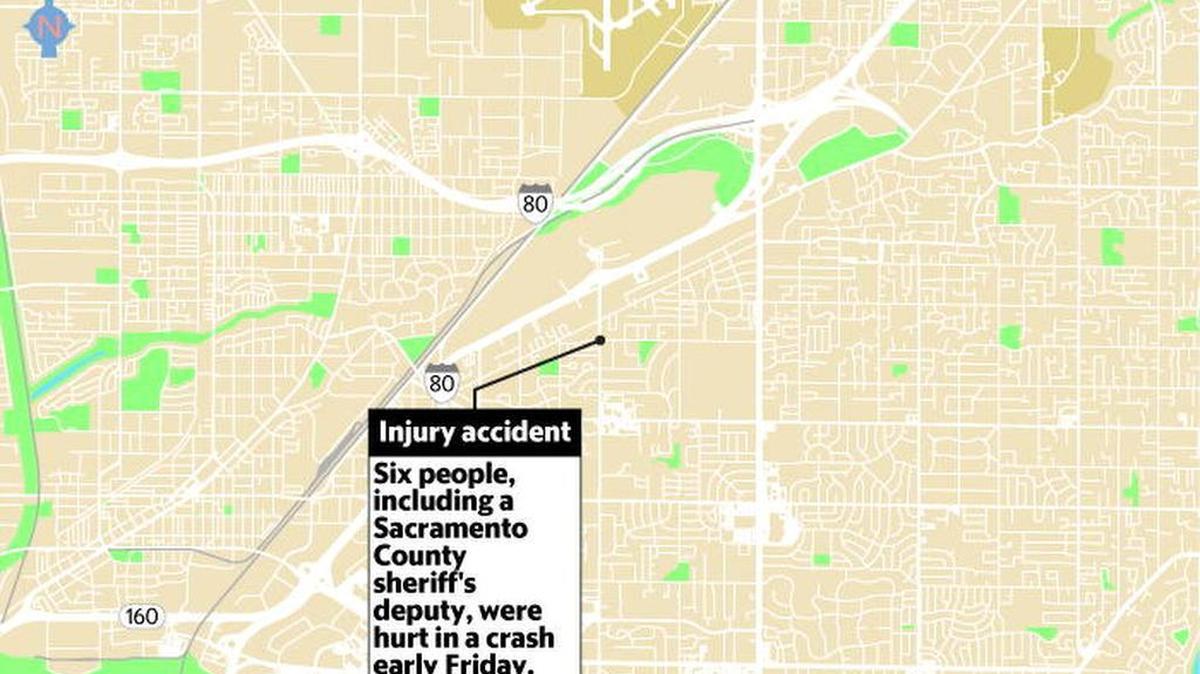 A vehicle driven by a Sacramento County sheriff’s deputy crashed into another vehicle with five people on board early Friday morning at Fulton and Pope avenues, resulting in injuries to all involved.