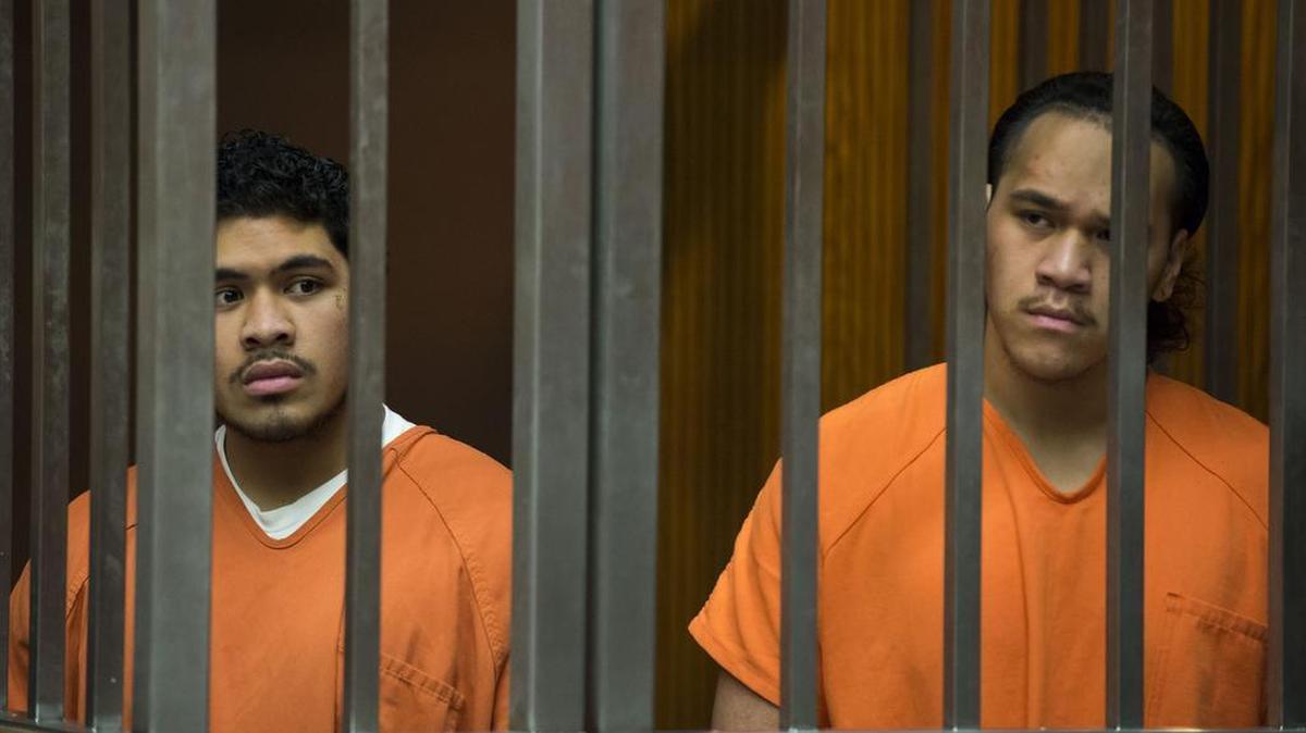 Tevita Kaihea, left, and Charlie Hola, right, in Sacramento Superior Court on Dec. 31, 2015.