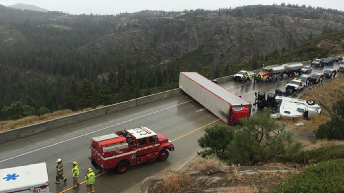 
An overturned big rig blocks eastbound lanes on Interstate 80 near Donner Lake.
