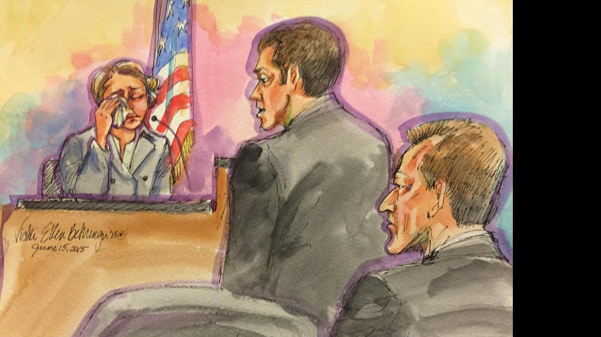 
A sketch shows Stephanie Douglas, sister of victim Sarah Douglas, testifying before prosecutor Noah Phillips during the murder trial of Orville “Moe” Fleming, seated, in Sacramento Superior Court.
