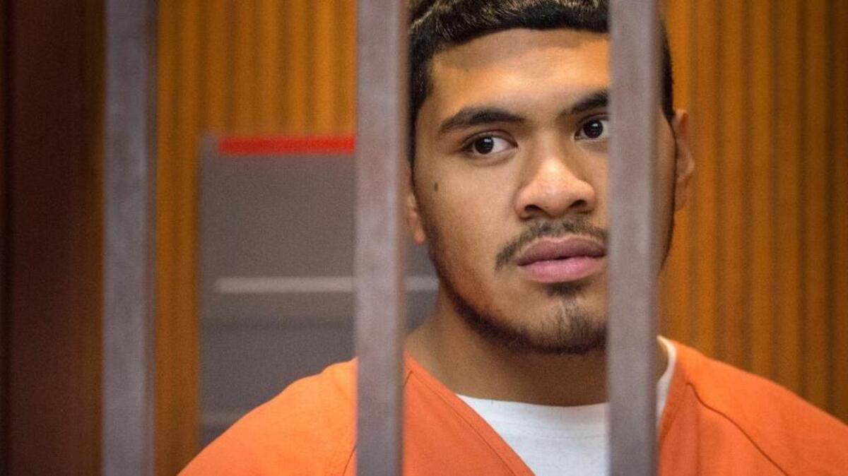 Tevita Kaihea, 19, who is suspected in the armed robbery of a Church's Chicken restaurant is arraigned on Tuesday, Oct. 27, 2015.