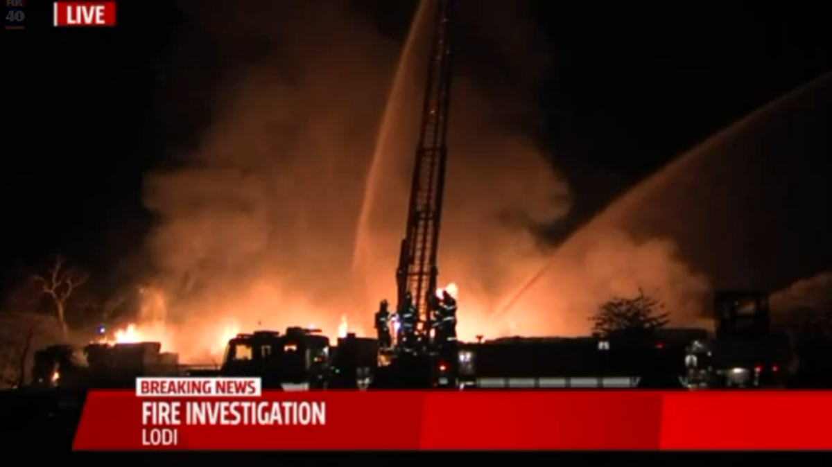 Firefighters battle a blaze consuming a plastics plant in Lodi on Wednesday, Nov. 9, 2016.