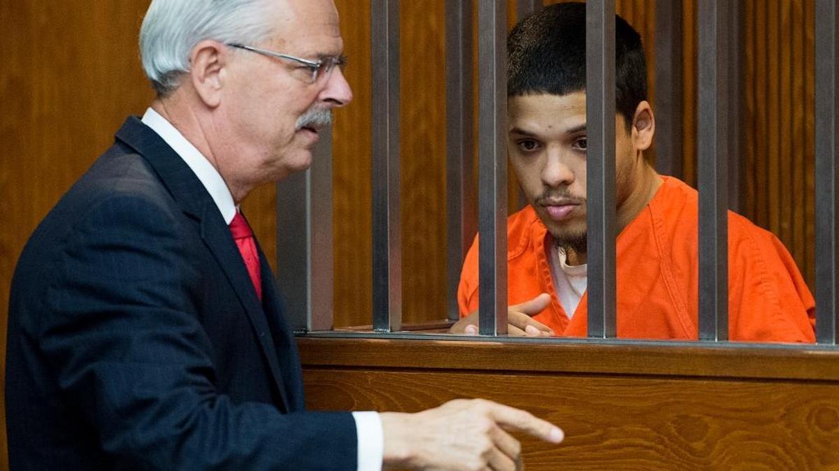 
Kenyatta Brown and his attorney Russell Miller in Sacramento Superior Court on Tuesday during Brown’s first court appearance in the shooting death of Joslynn Sovenski.

