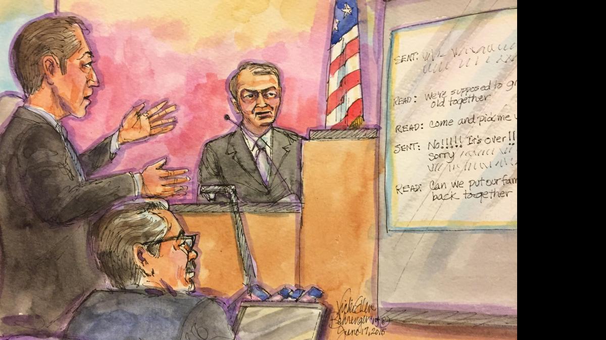 
A sketch shows Orville “Moe” Fleming testifying Wednesday during his murder trial in Sacramento Superior Court.
